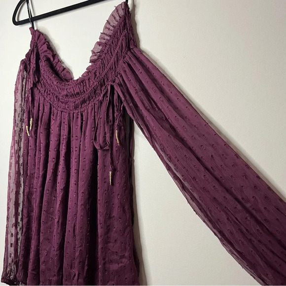 ANTHRO RAHI CALI Off Shoulder Clip Dot Sheer Gold Ties Longsleeve Blouse Top - Picture 4 of 11